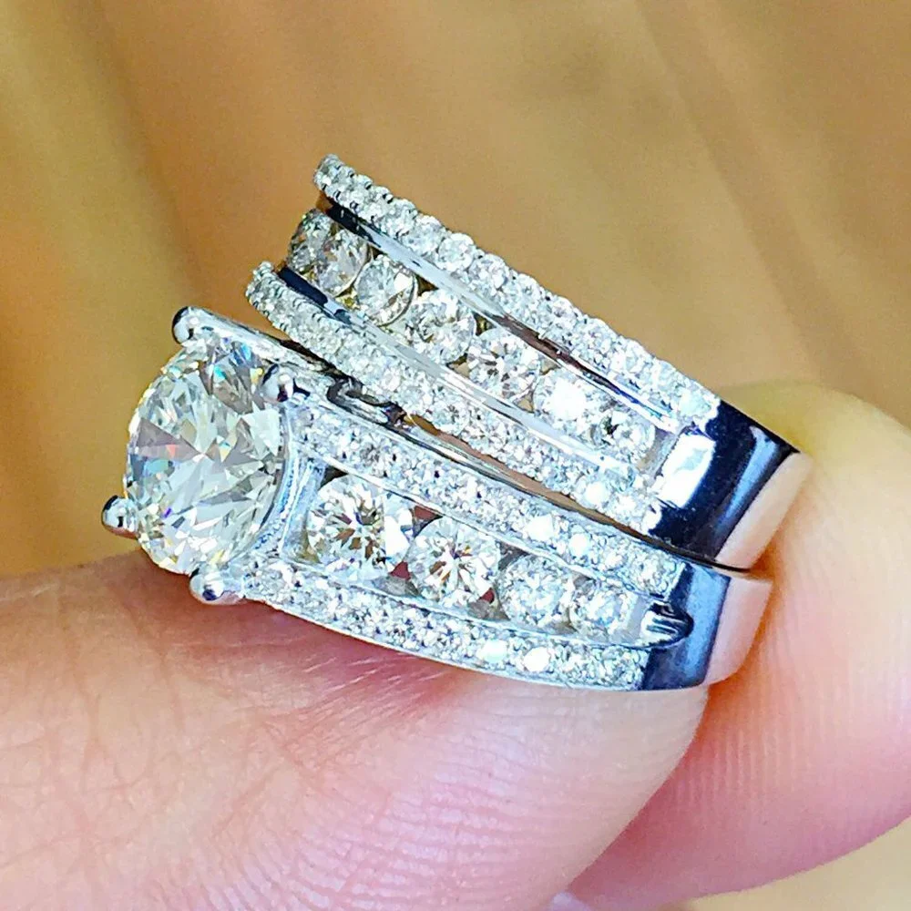 🌸Bague Eternity Full CZ Diamonds Silver Plated Couple Chunky Ring Set,UNVN12286 - Picture 7 of 10